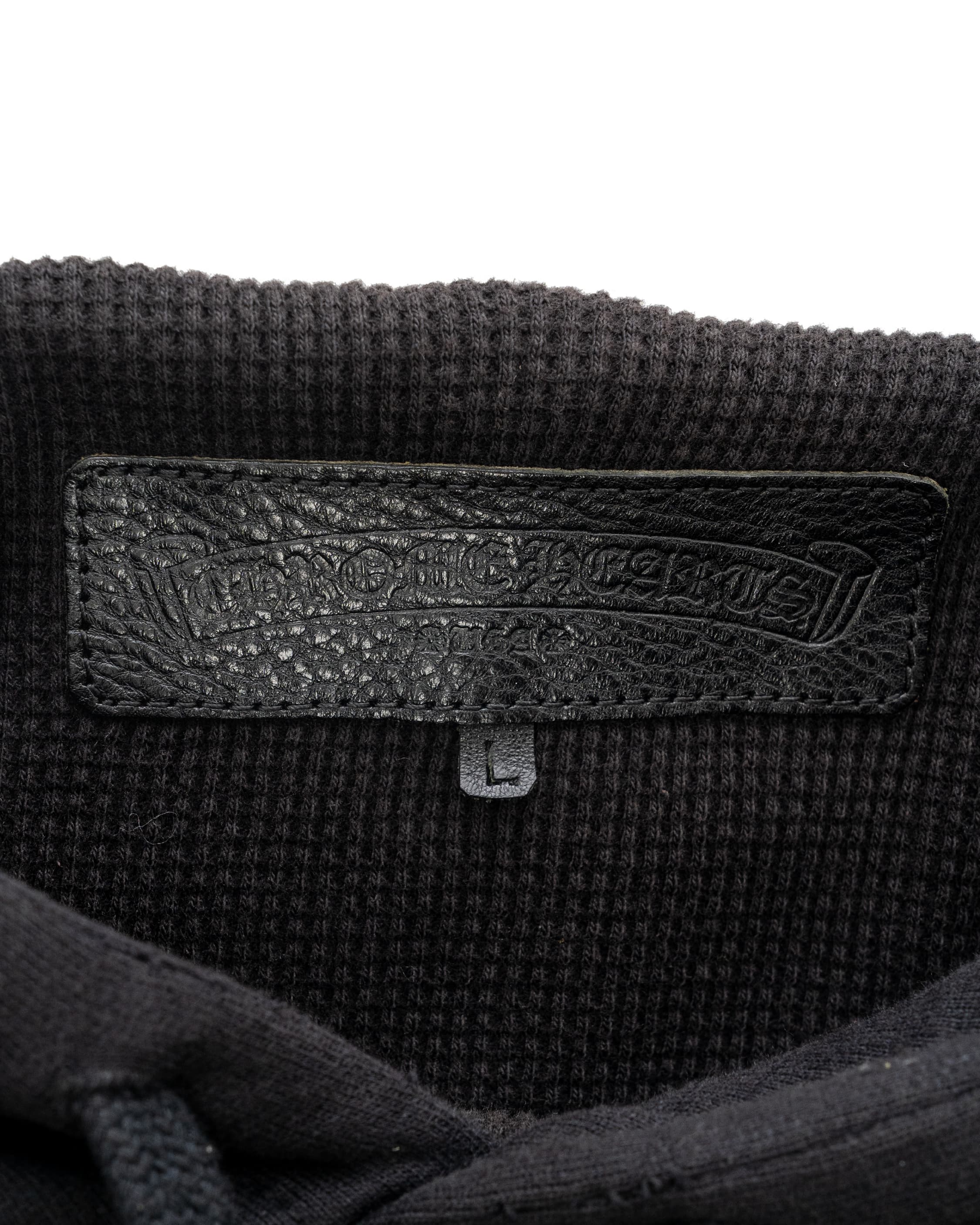 Matty Boy Hand-Painted Cross Patch Leather Hoodie - image 5 - CHROME HEARTS label on inside of garment