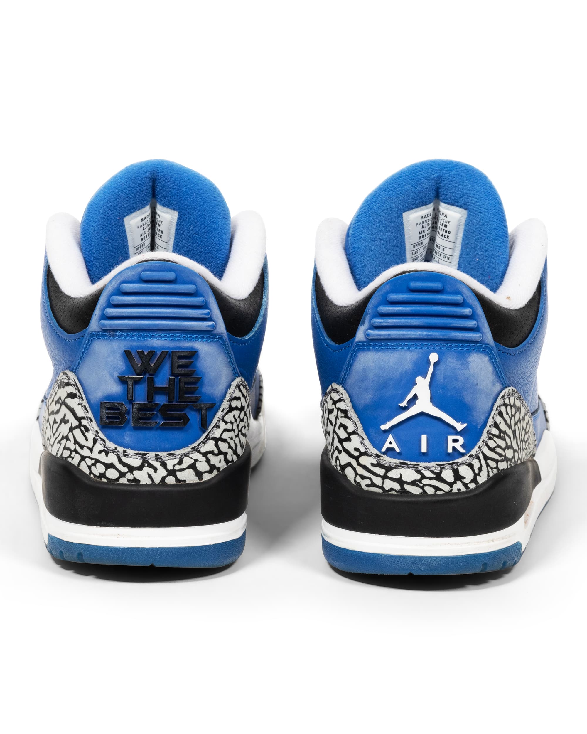 Jordan III Retro 'Another One' - image 6 - back of sneakers, 'WE THE BEST' on left shoe foxing, Air Jordan logo on the right sneaker
