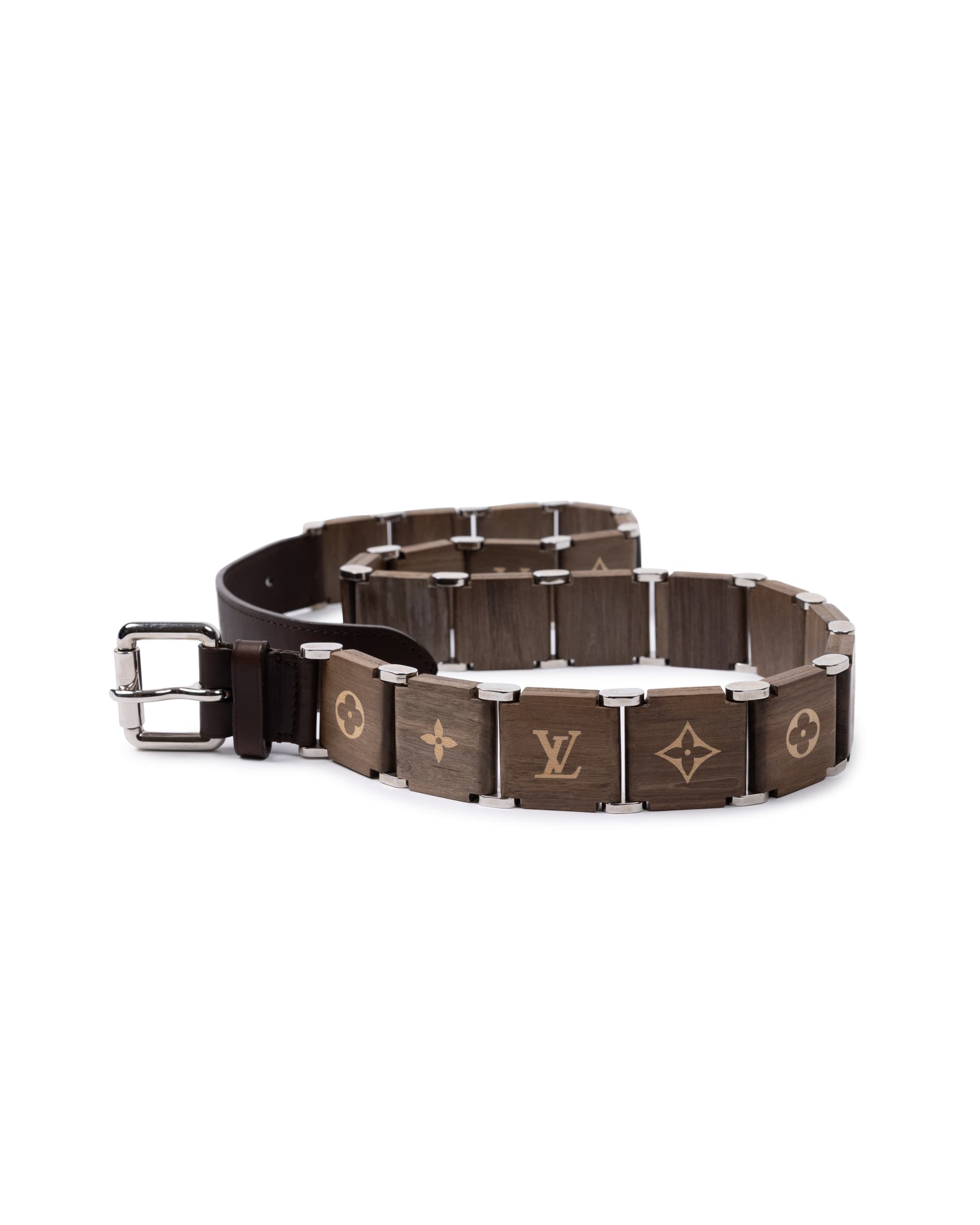 Wooden Belt with Metal Hardware - image 1 - close up of buckle and Louis Vuitton monograms