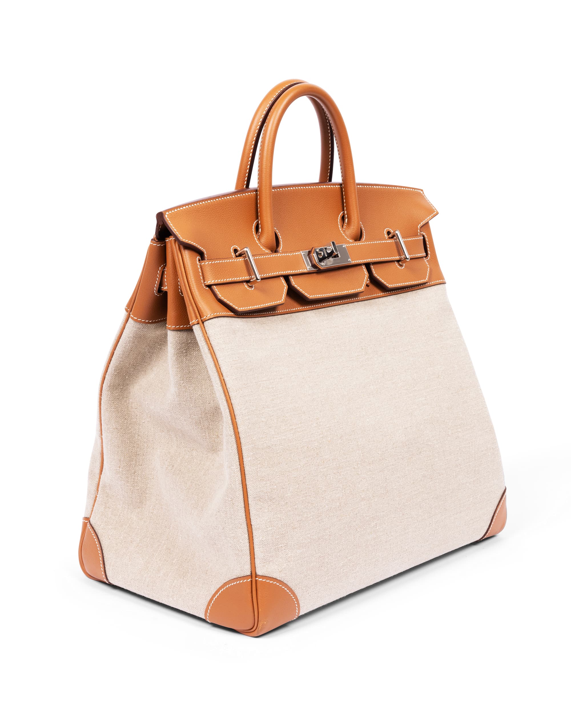 Gold Evercolor Leather & Toile HAC Birkin 40 with Palladium Hardware - Front Right Angle