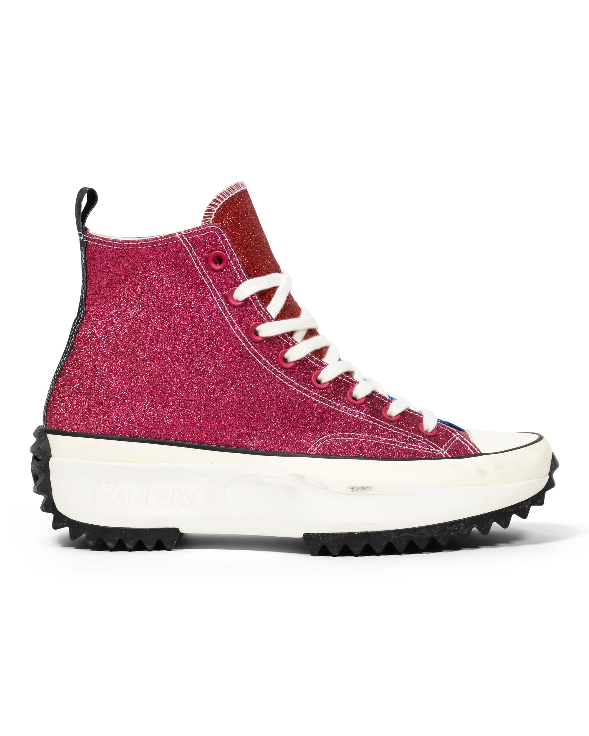 Run Star Hike Hi Glitter Sneaker - image 4 - pink side of the right shoe