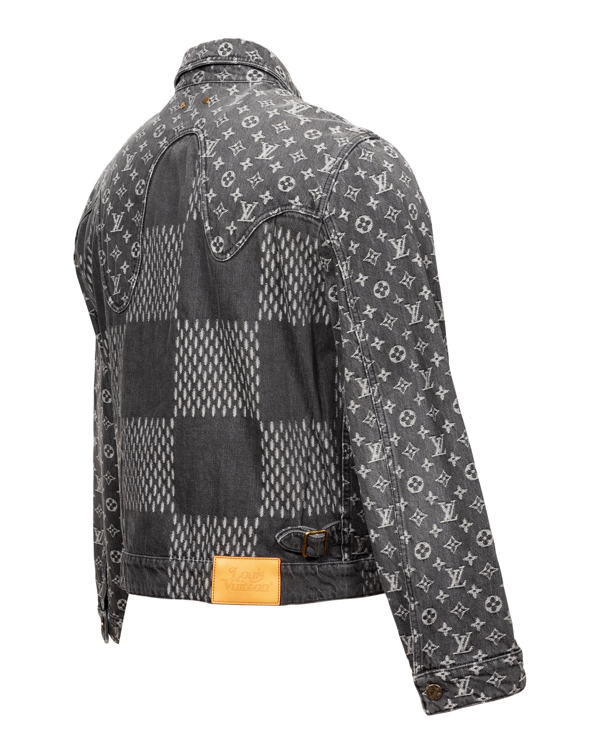 Grey Denim Jacket and Pants - image 3 - partial side view of jacket with Louis Vuitton label at hem