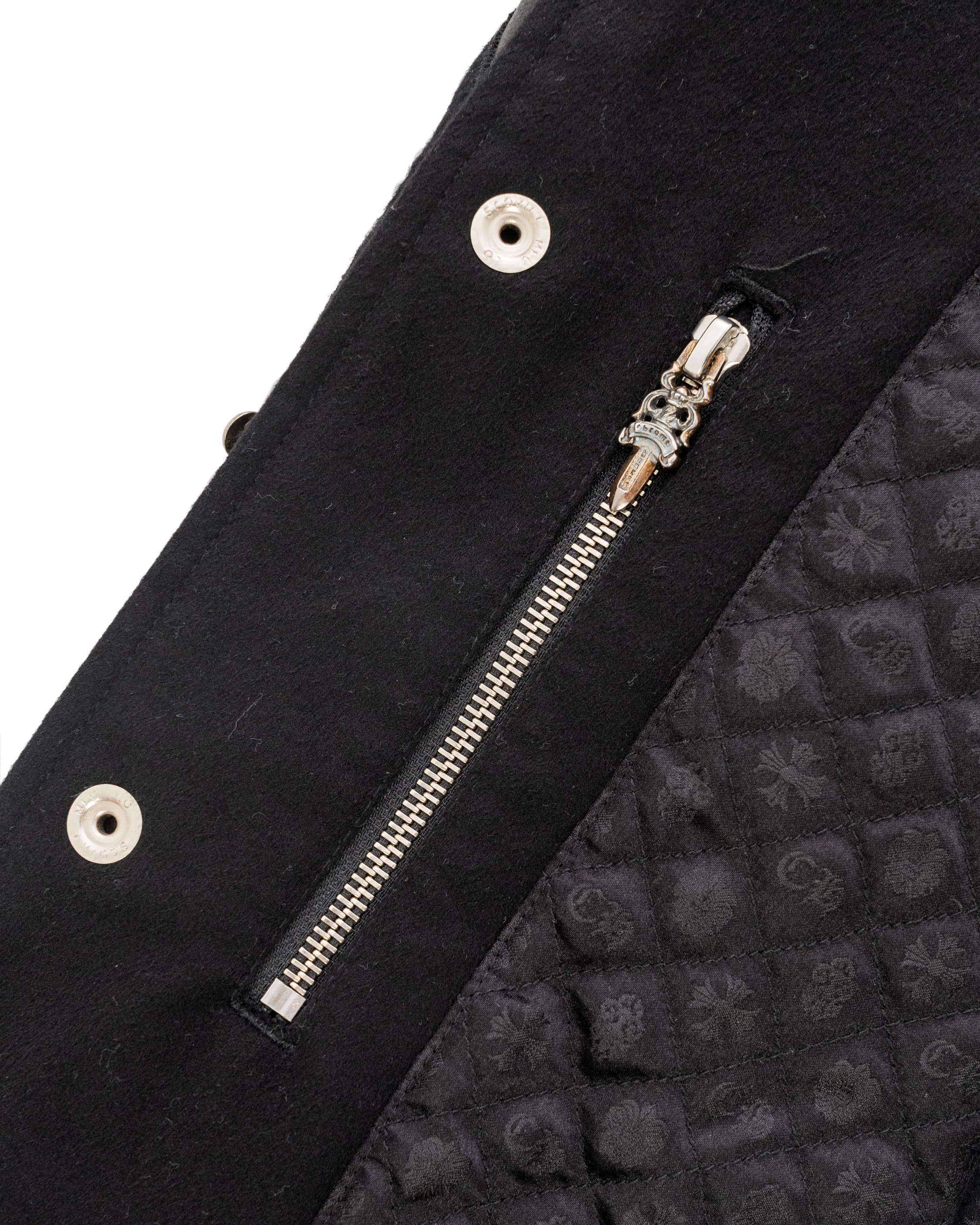 Multicolor Cross Patch Letterman Jacket - image 5 - zipper with dagger charm