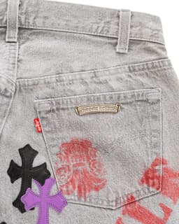 Vintage Levi's Black & Purple Cross Patch and Stencil Grey Jeans - image 5 - back pocket