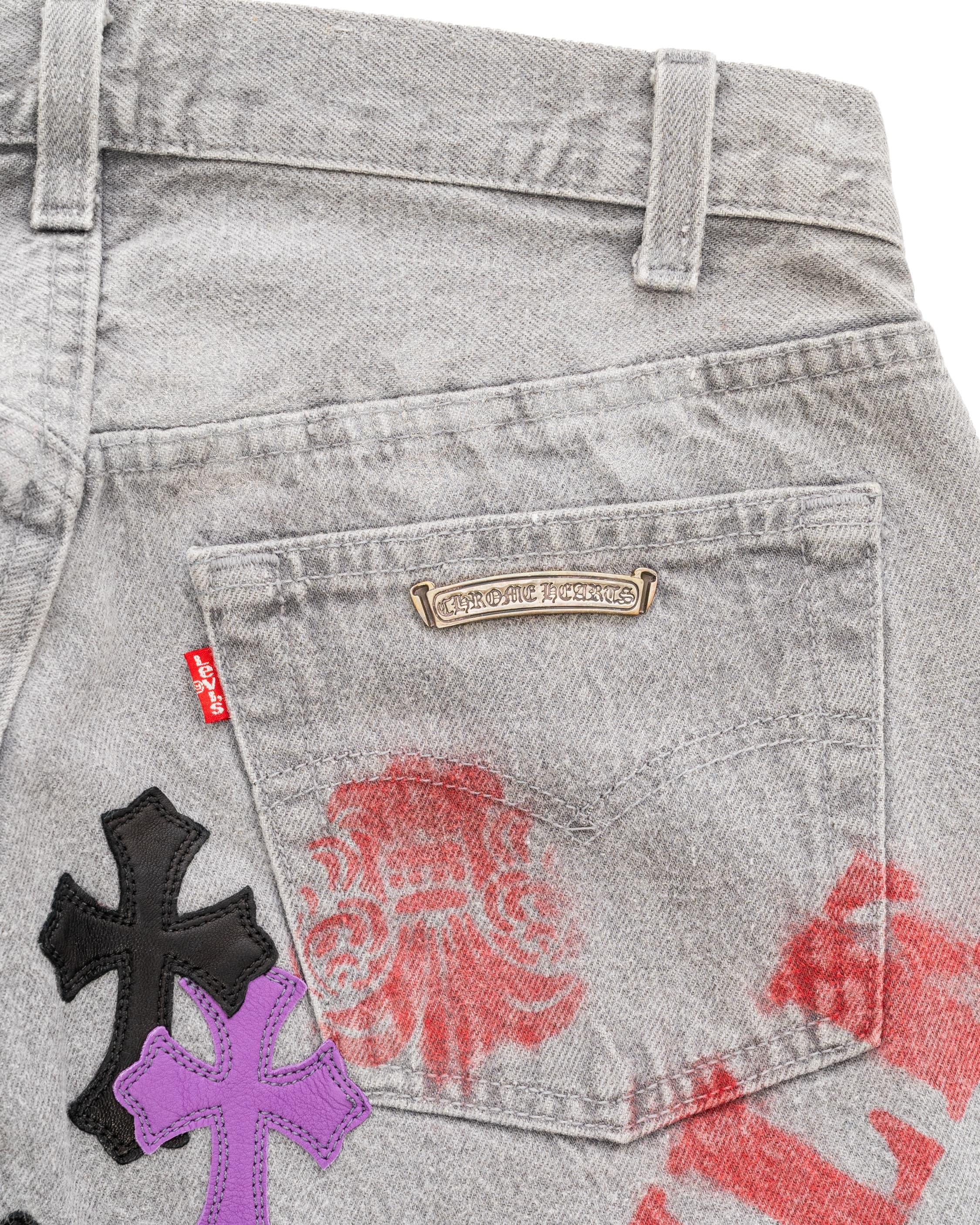 Vintage Levi's Black & Purple Cross Patch and Stencil Grey Jeans - image 5 - back pocket