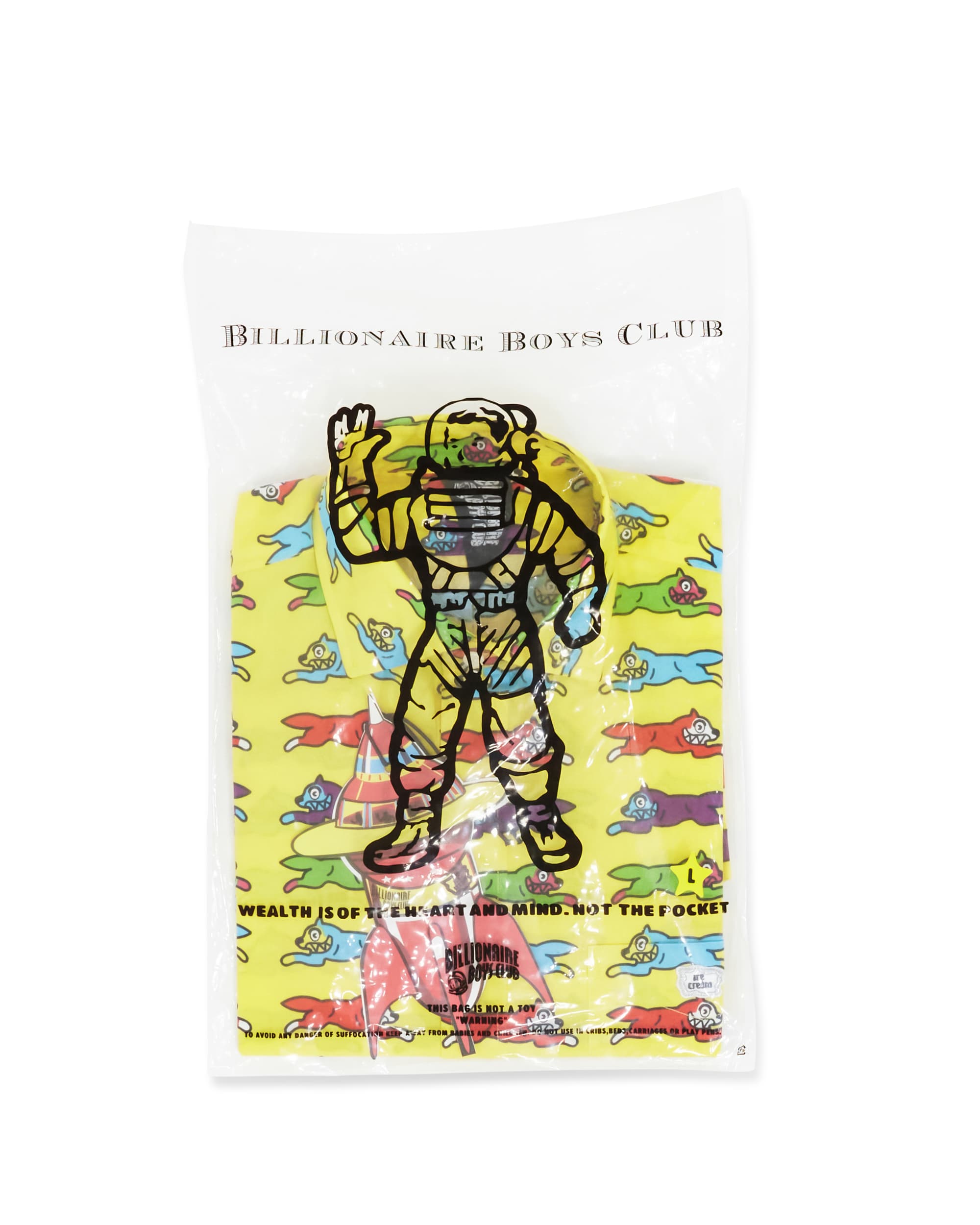 Yellow Shirt with Multicolor Running Dog Print - Front Folded in Bag